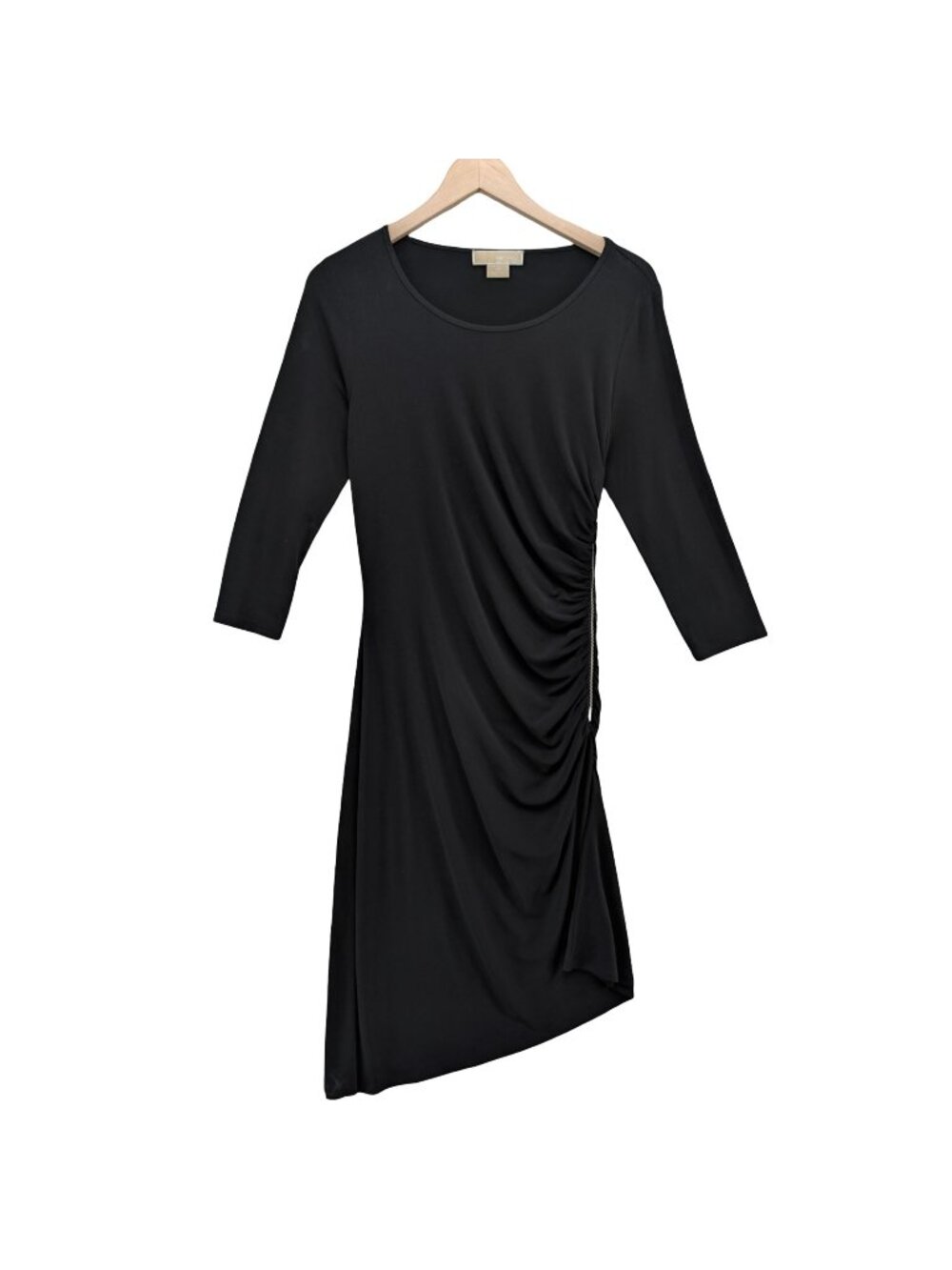 Michael Kors Ruched Sheath Dress Black 3/4 Sleeve Jersey Zip Asymmetrical Sz 10